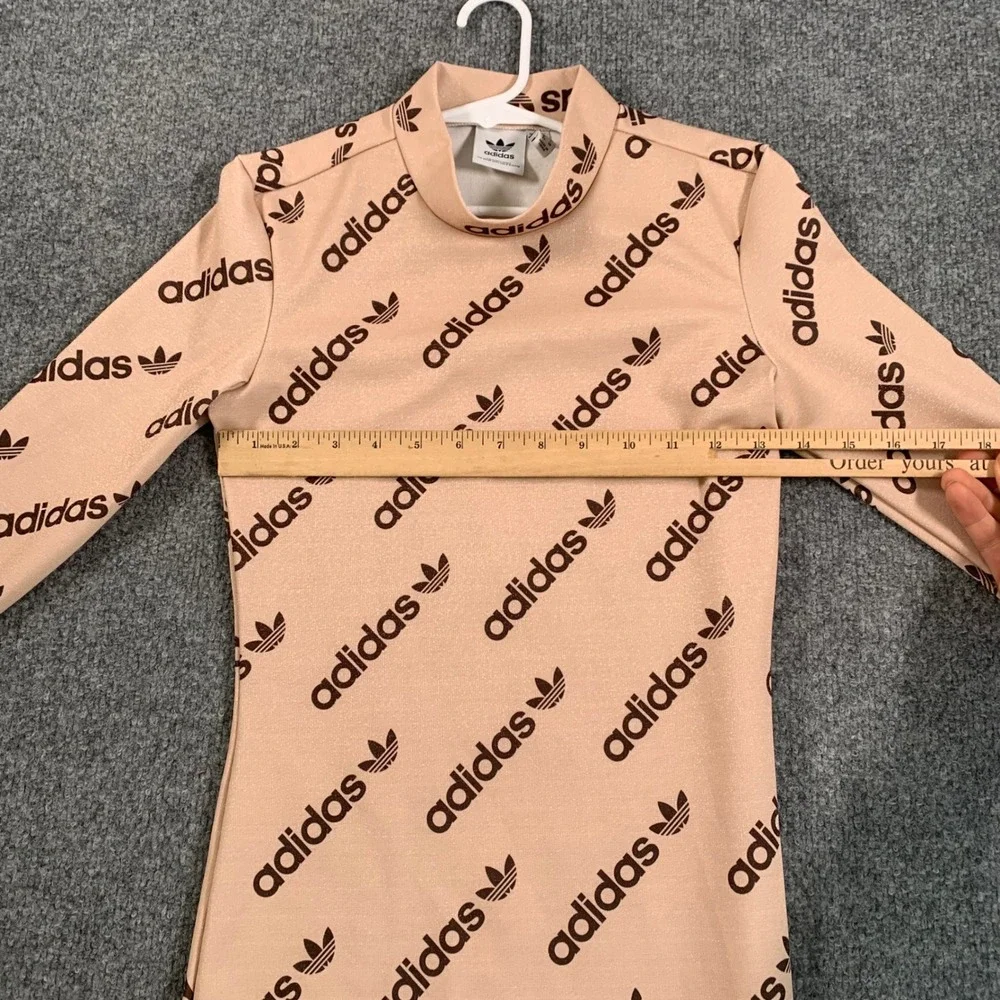 Adidas Originals Dress Monogram Long Sleeve Logo Print Bodycon‎ Pink Peach XS